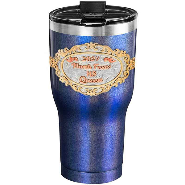 A customized tumbler made of stainless steel with a personalized engraved initials and North Texas High School Queen lettering, 30 oz, ideal for coffee or cool drinks